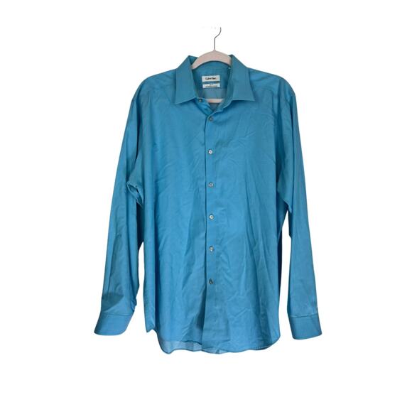 Men's Calvin Klein Aqua Blue Slim Fit Performance Dress Shirt Size 17 1/2 34-35 - Picture 1 of 10